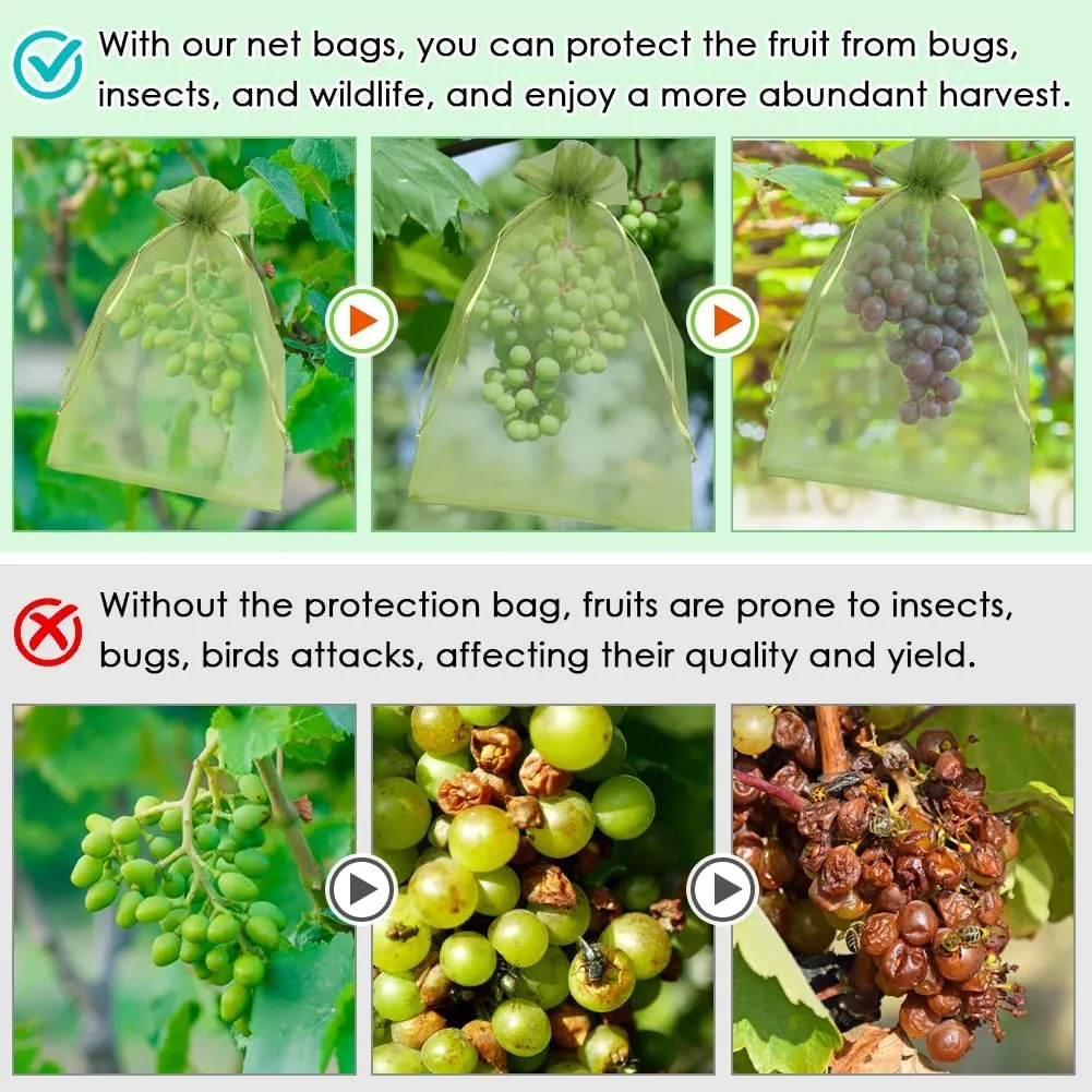 Shintop 100PCS Fruit Protection Bags, 7x10 Inch Green Mesh Fruit Tree Bags Drawstring Garden Netting Cover Pest Barrier for Apples, Mango, Tomatoes