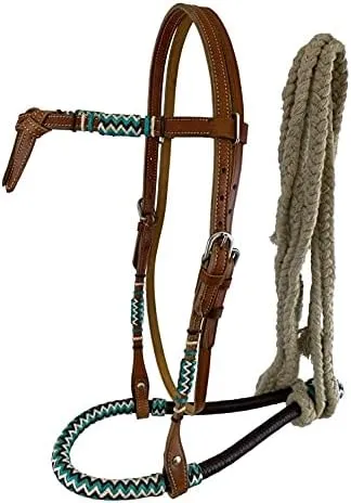 Showman Fine Quality Teal and Black Rawhide core Show bosal with a Cotton Mecate rein.