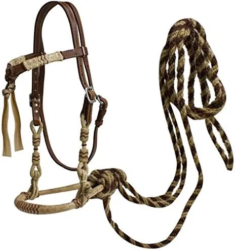 Showman Leather Futurity Knot Headstall with Rawhide Braided Bosal and Horse Hair Mecate Reins