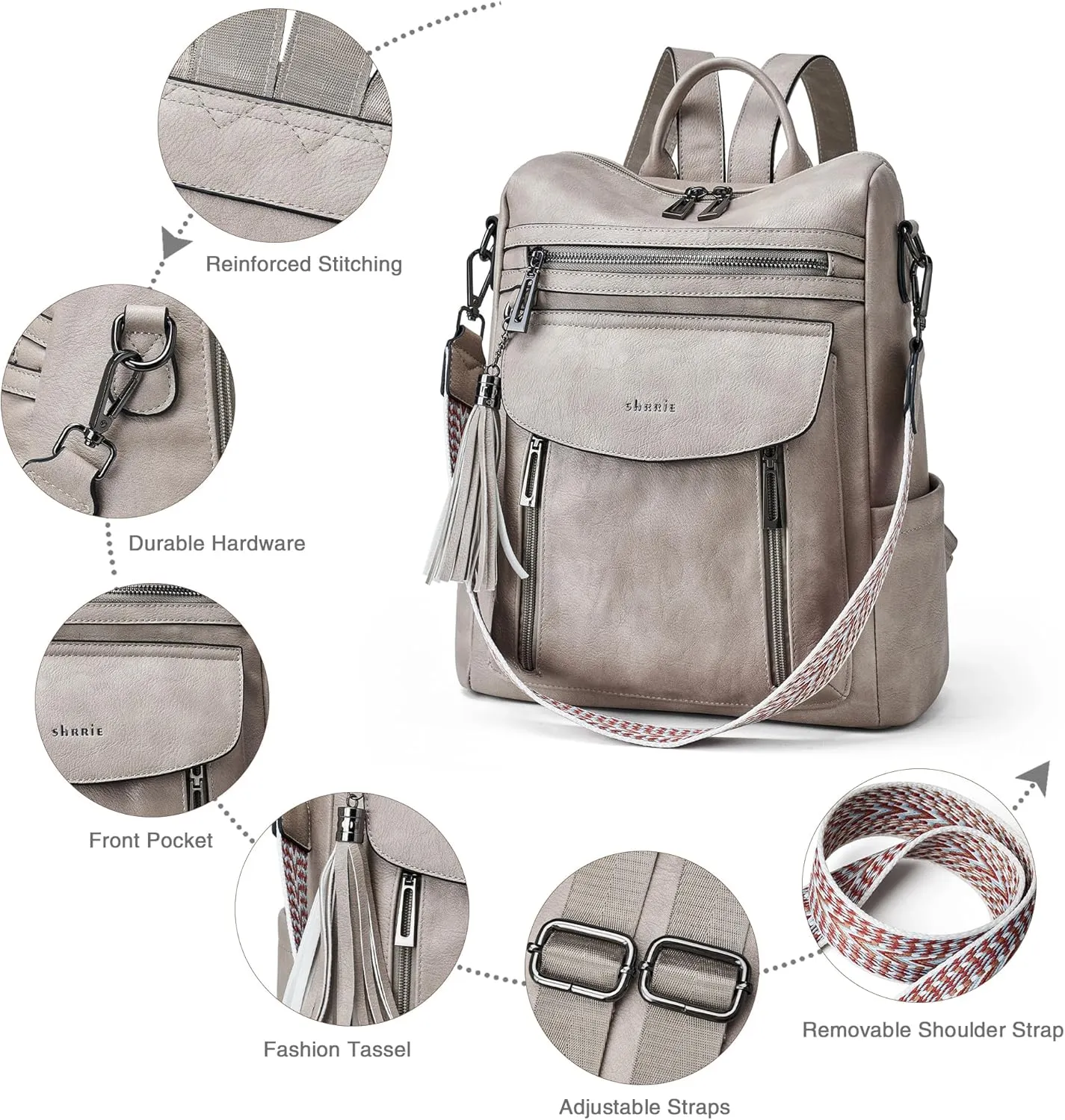 Shrrie Backpack Purse for Women Fashion Leather Backpack Purse Designer Travel Backpack Convertible Shoulder Bag with Wristlet