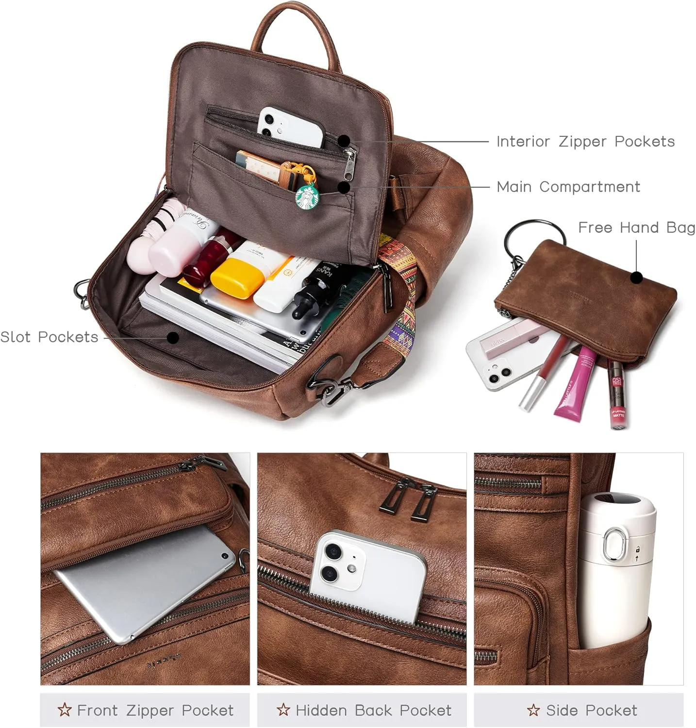 Shrrie Backpack Purse for Women Leather Backpack Fashion Designer Travel Backpack Convertible Shoulder Bag