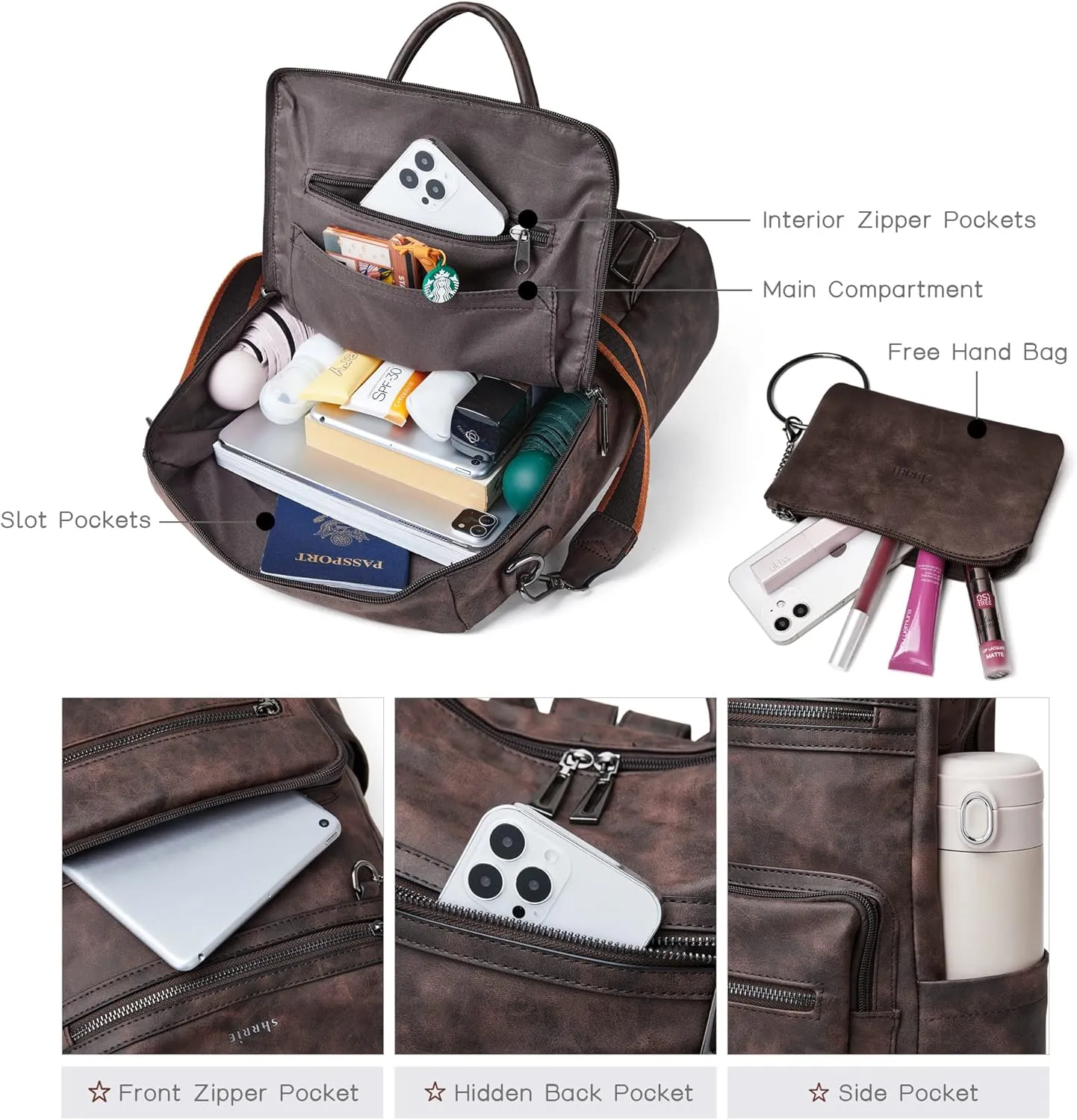 Shrrie Backpack Purse for Women Leather Backpack Fashion Designer Travel Backpack Convertible Shoulder Bag