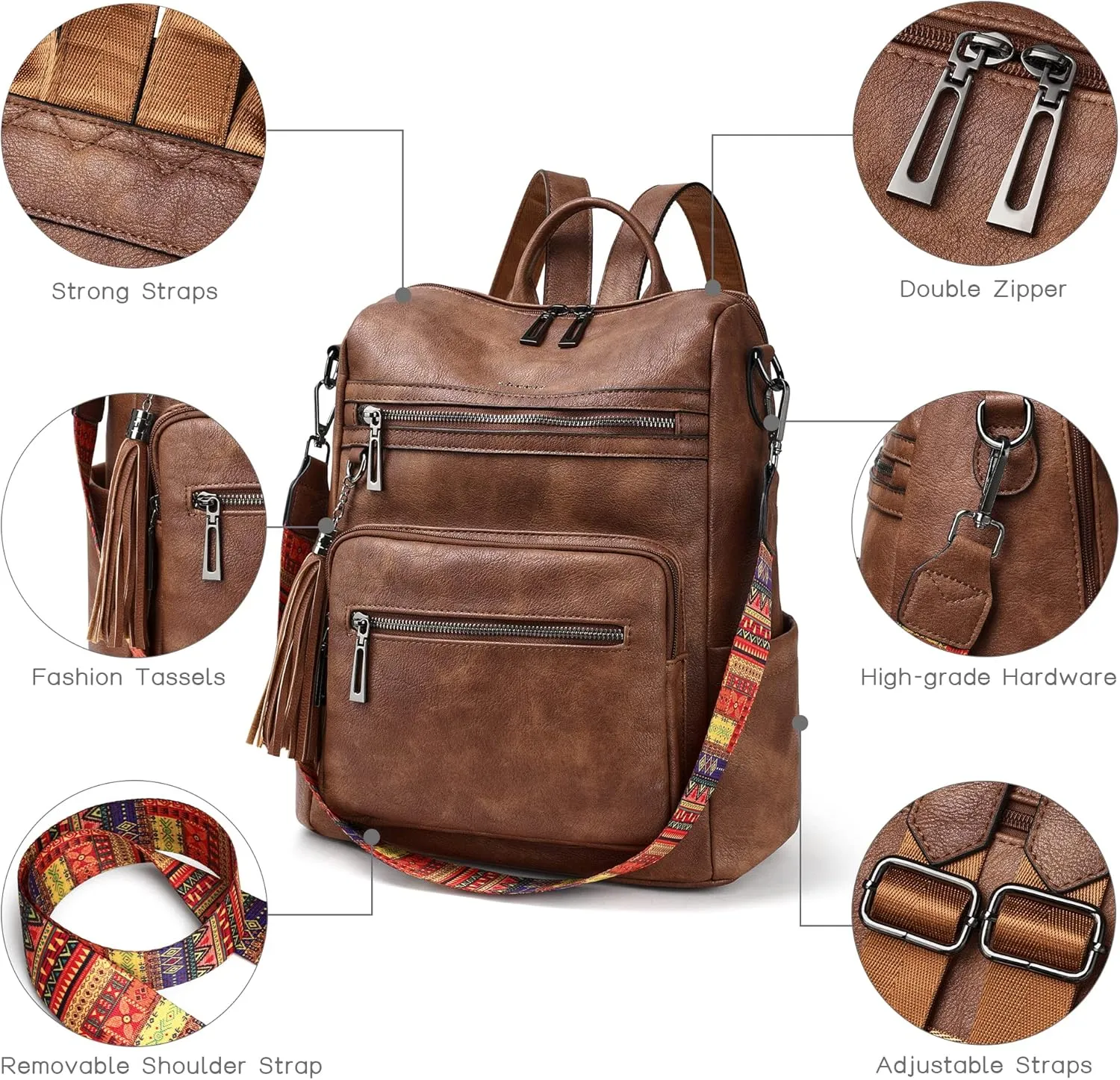 Shrrie Backpack Purse for Women Leather Backpack Fashion Designer Travel Backpack Convertible Shoulder Bag