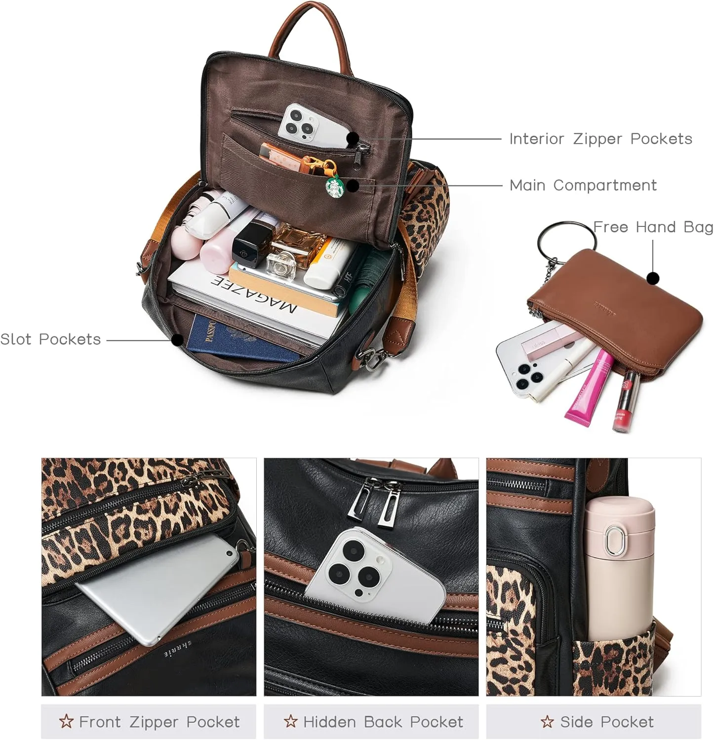 Shrrie Backpack Purse for Women Leather Backpack Fashion Designer Travel Backpack Convertible Shoulder Bag