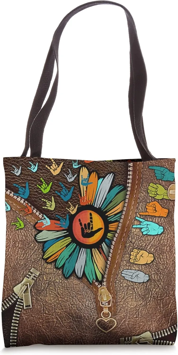 Sign Language ASL Zipper-Leather-Daisy Flying Tote Bag