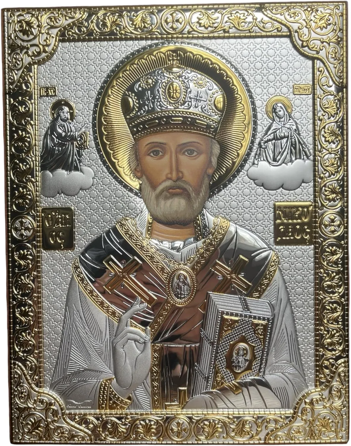 Silver Canvas (P-6/003G/K) Saint Nicholas Byzantine Silver Orthodox Icon/Greek Handmade (9 x 7)