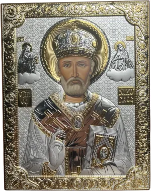 Silver Canvas (P-6/003G/K) Saint Nicholas Byzantine Silver Orthodox Icon/Greek Handmade (9 x 7)