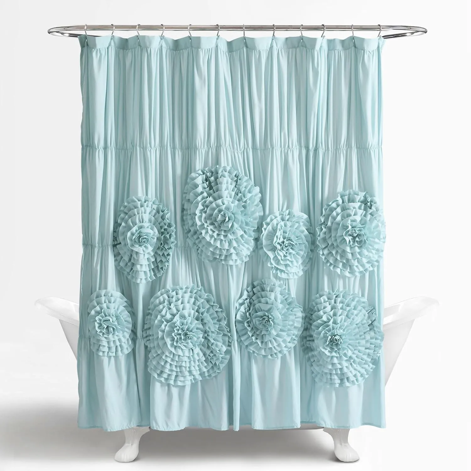Silver Orchid Bara Ruffle Flower Trim Shower Curtain Spa Blue