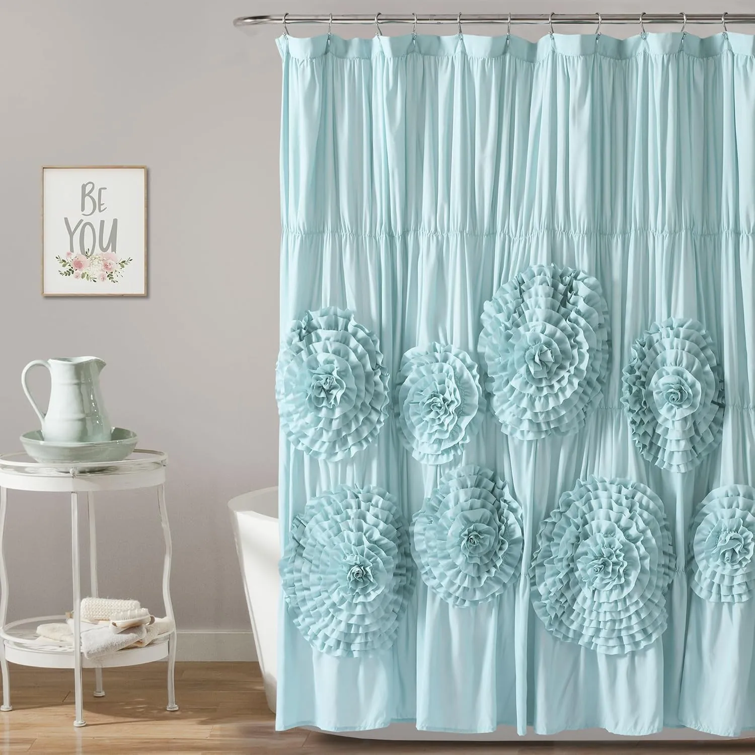 Silver Orchid Bara Ruffle Flower Trim Shower Curtain Spa Blue