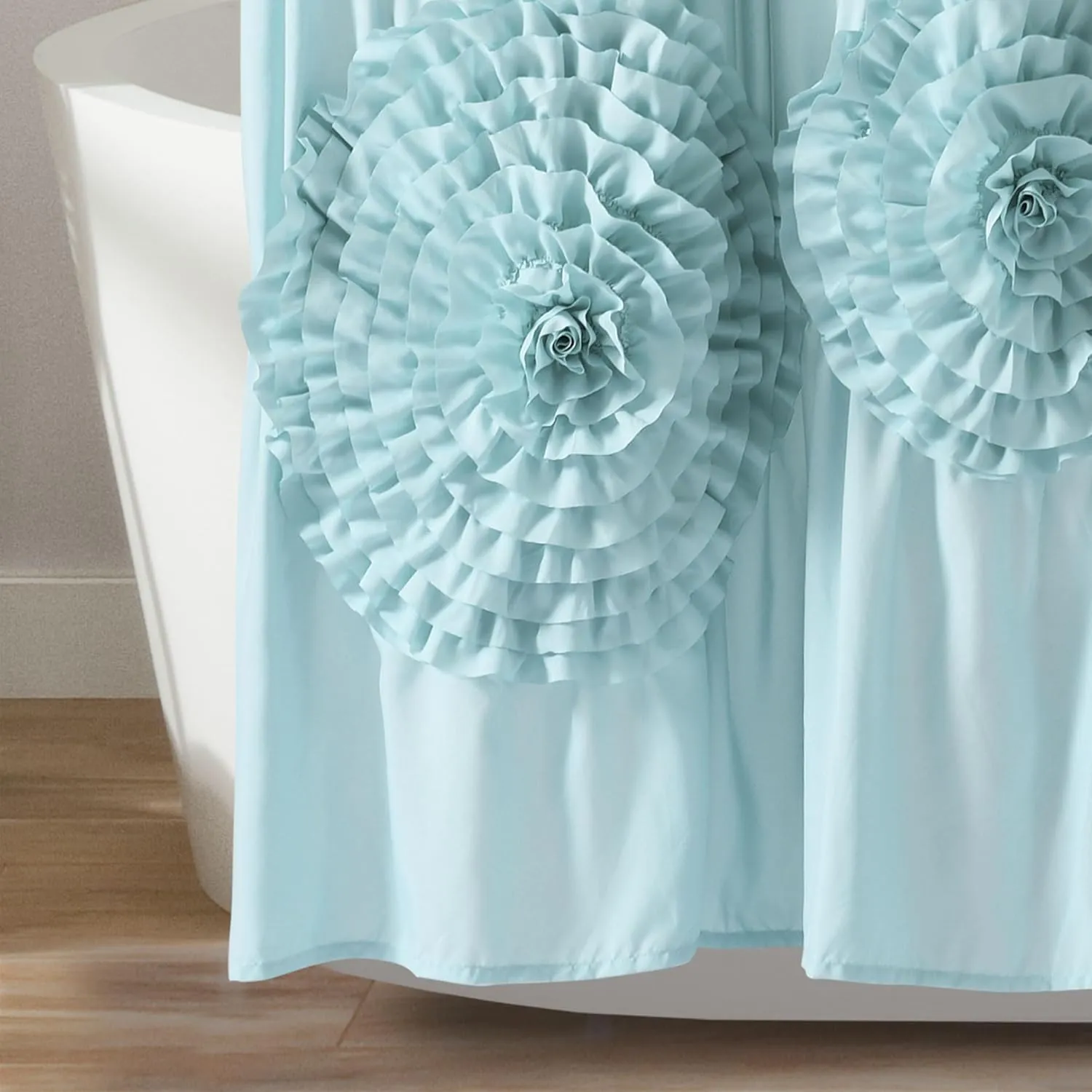 Silver Orchid Bara Ruffle Flower Trim Shower Curtain Spa Blue