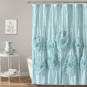 Silver Orchid Bara Ruffle Flower Trim Shower Curtain Spa Blue
