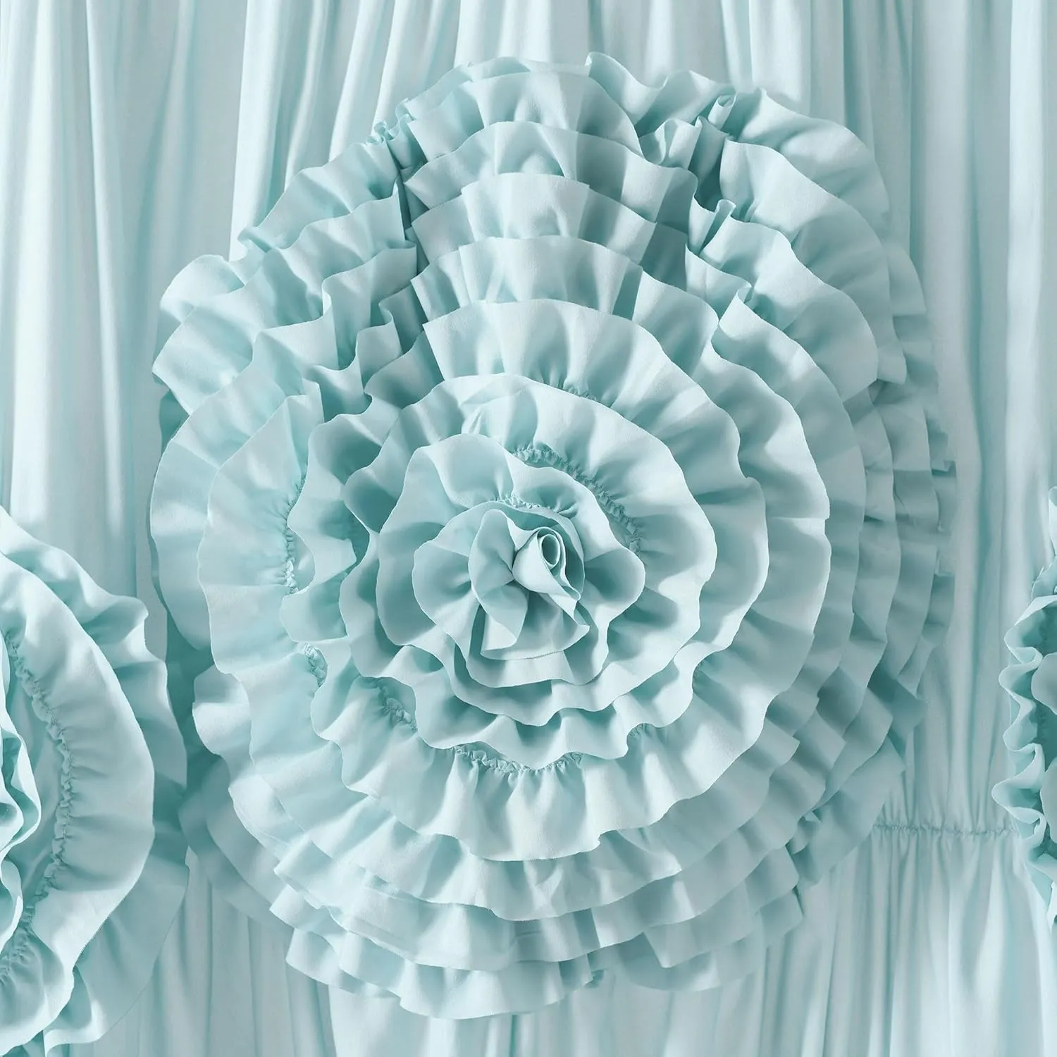 Silver Orchid Bara Ruffle Flower Trim Shower Curtain Spa Blue