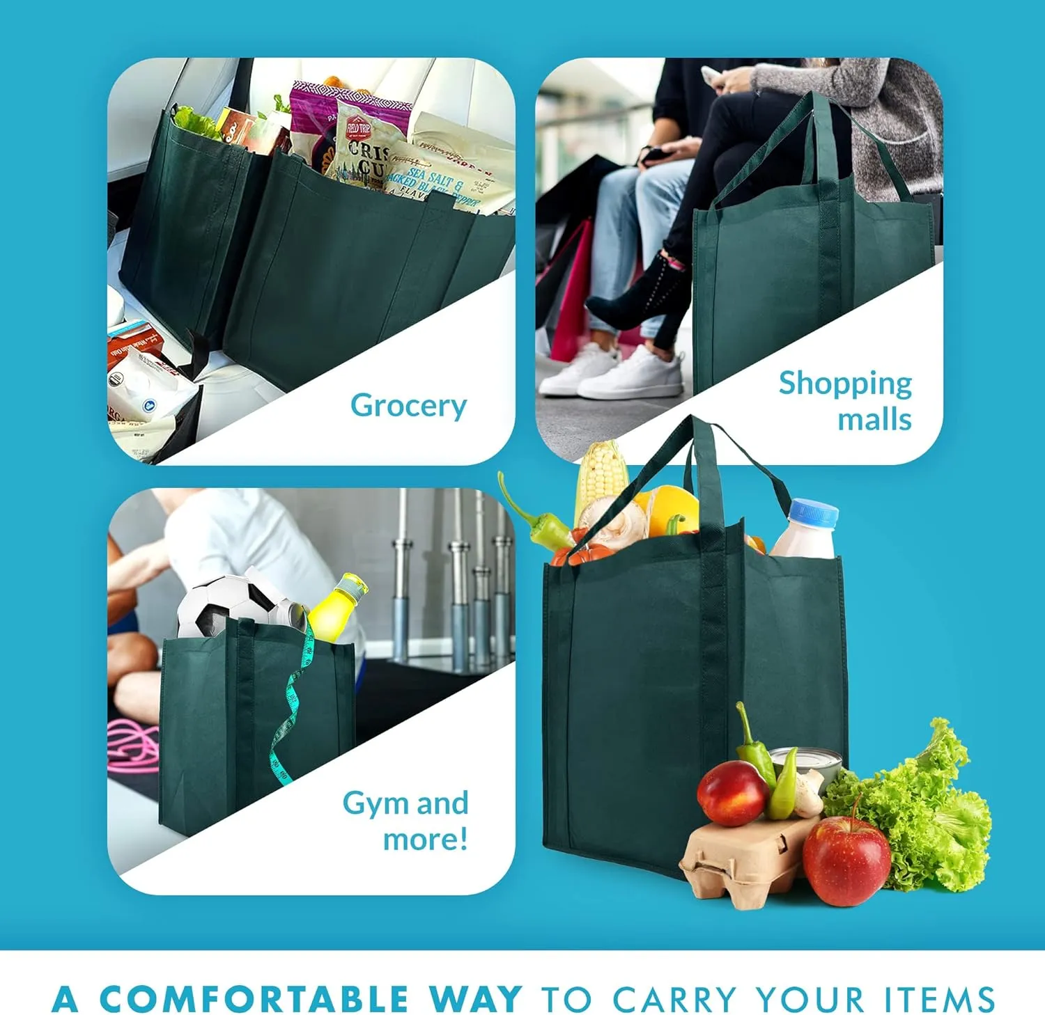 Simply Green Solutions - Reusable Grocery Bags, Wide Tote Bags with 20-Inch Reinforced Handle, Shopping Bags for Groceries, Reusable Gift Bags with Handles, 13 x 15 x 10, Pack of 10, Hunter Green