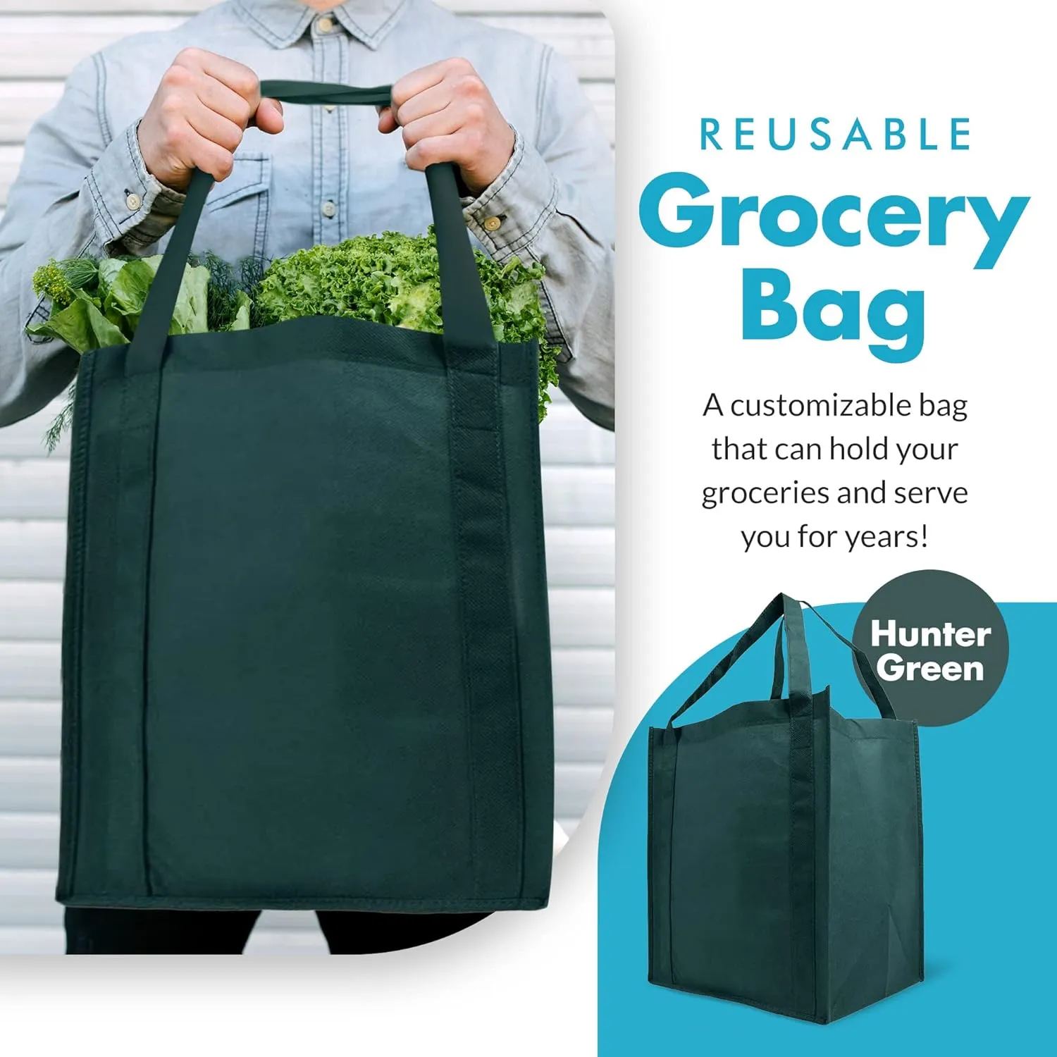 Simply Green Solutions - Reusable Grocery Bags, Wide Tote Bags with 20-Inch Reinforced Handle, Shopping Bags for Groceries, Reusable Gift Bags with Handles, 13 x 15 x 10, Pack of 10, Hunter Green