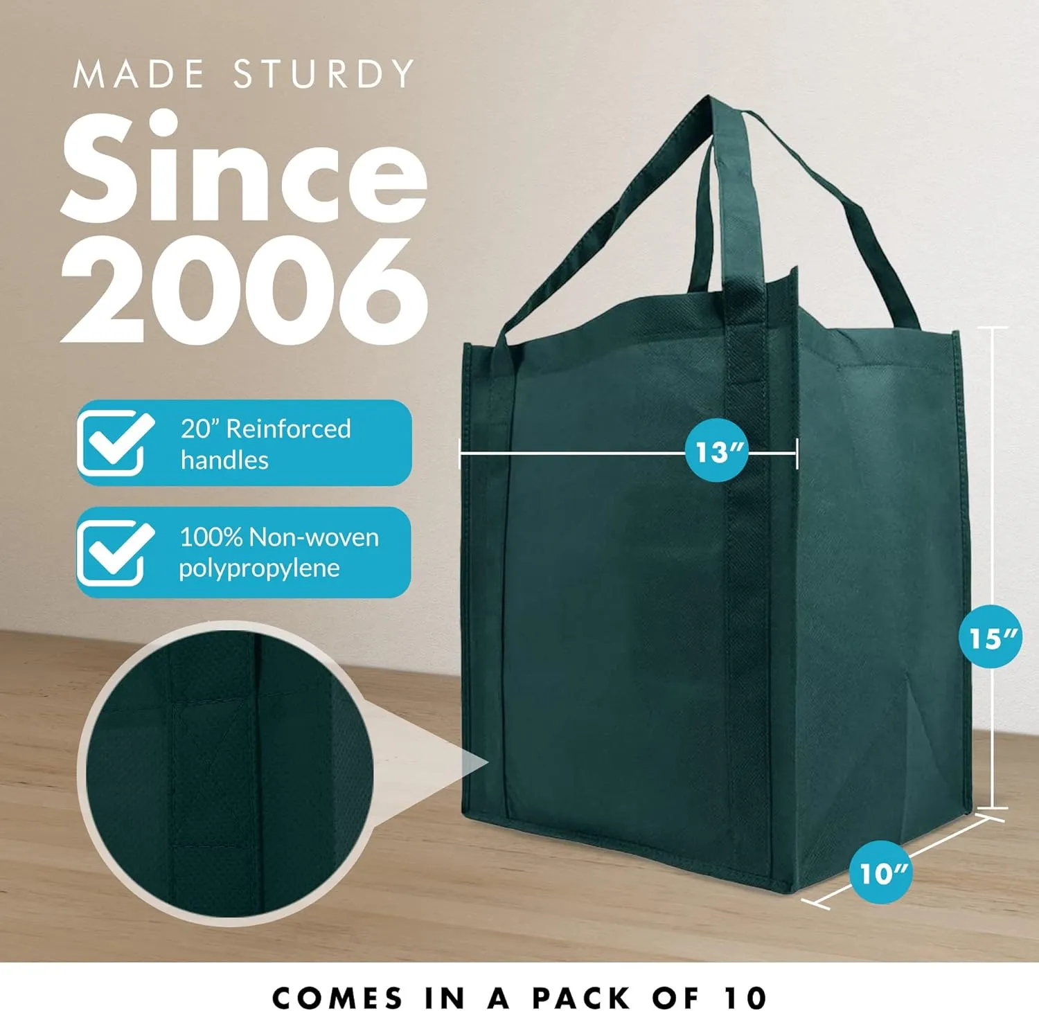 Simply Green Solutions - Reusable Grocery Bags, Wide Tote Bags with 20-Inch Reinforced Handle, Shopping Bags for Groceries, Reusable Gift Bags with Handles, 13 x 15 x 10, Pack of 10, Hunter Green