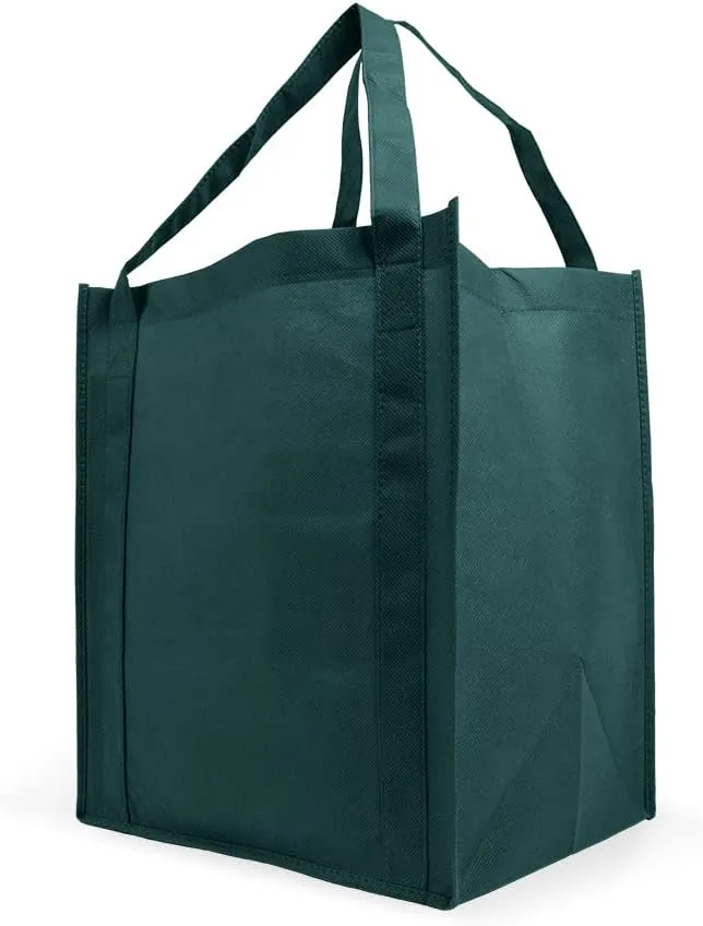 Simply Green Solutions - Reusable Grocery Bags, Wide Tote Bags with 20-Inch Reinforced Handle, Shopping Bags for Groceries, Reusable Gift Bags with Handles, 13 x 15 x 10, Pack of 10, Hunter Green