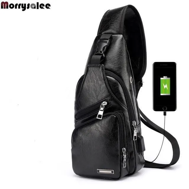 Single-Strap Leather Sling Bag with USB Port