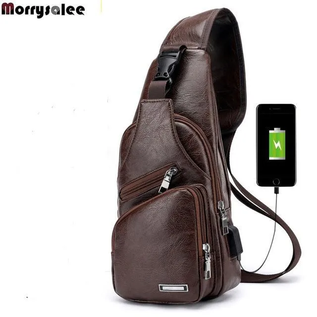 Single-Strap Leather Sling Bag with USB Port