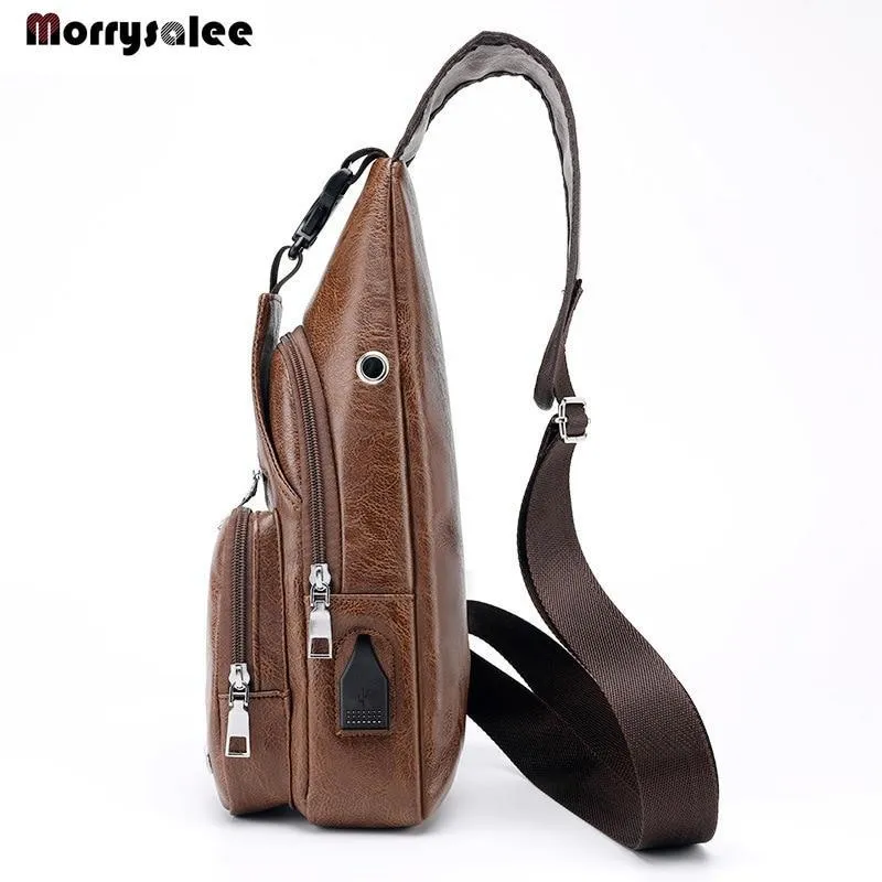 Single-Strap Leather Sling Bag with USB Port