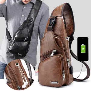 Single-Strap Leather Sling Bag with USB Port