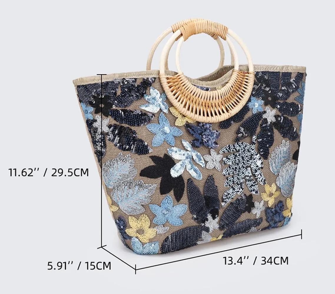 Sister Amy® Elegant Sequin-Embroidered Woven Tote Bag - Stylish Summer Beach Shoulder Handbag for Women's Vacation Essentials