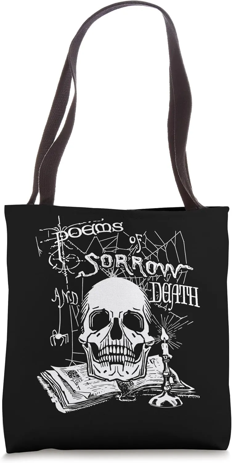 Skull with Book Spider Candle Poems Of Sorrow And Death Tote Bag