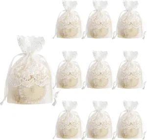 Snadulor 10 Pcs Lace Organza Gift Bags,White Sheer Organza Bags for Candy Packings Gift wrapping Wedding Party Supplies,3.9 x 5.5 inches