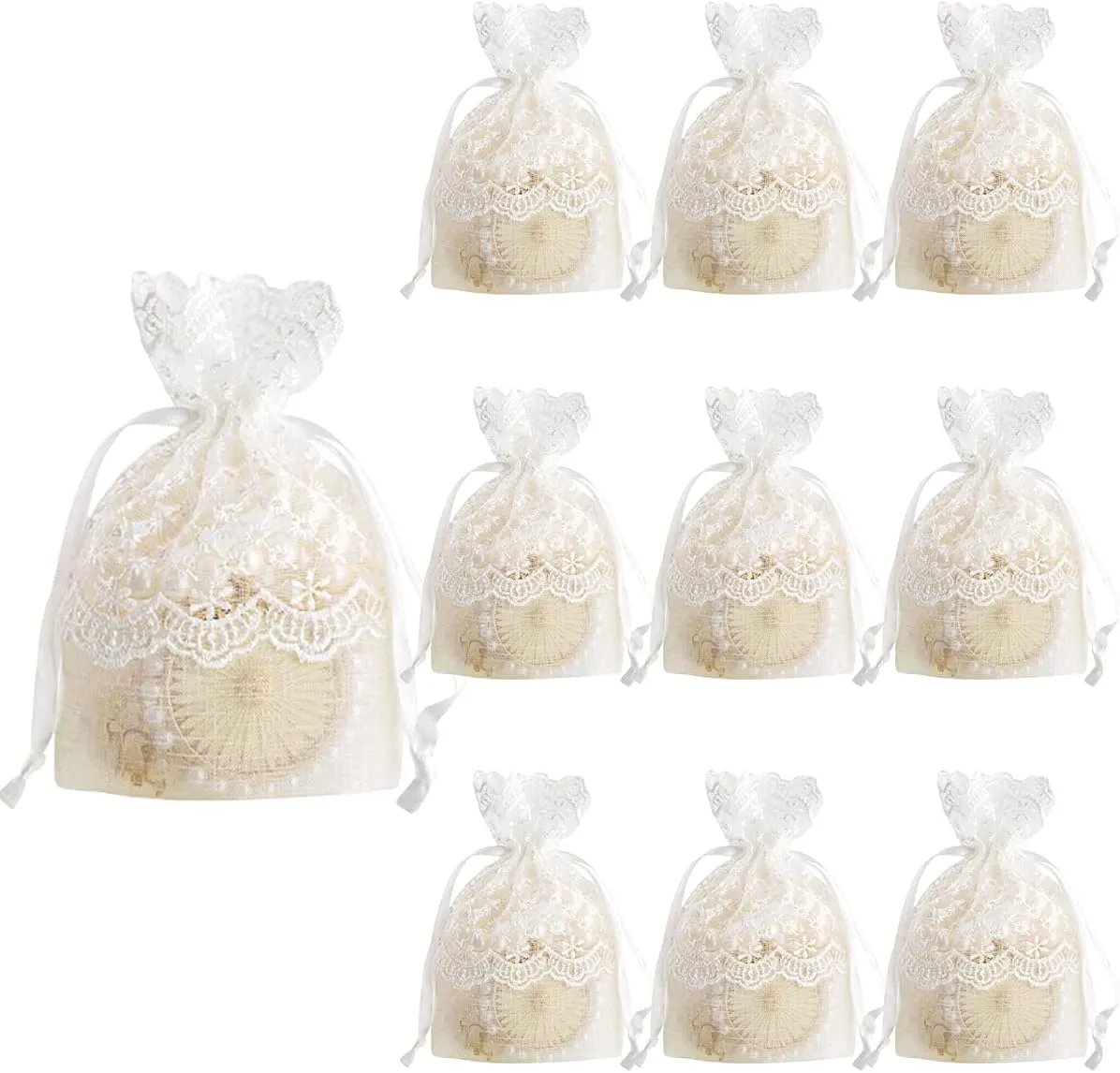 Snadulor 10 Pcs Lace Organza Gift Bags,White Sheer Organza Bags for Candy Packings Gift wrapping Wedding Party Supplies,3.9 x 5.5 inches
