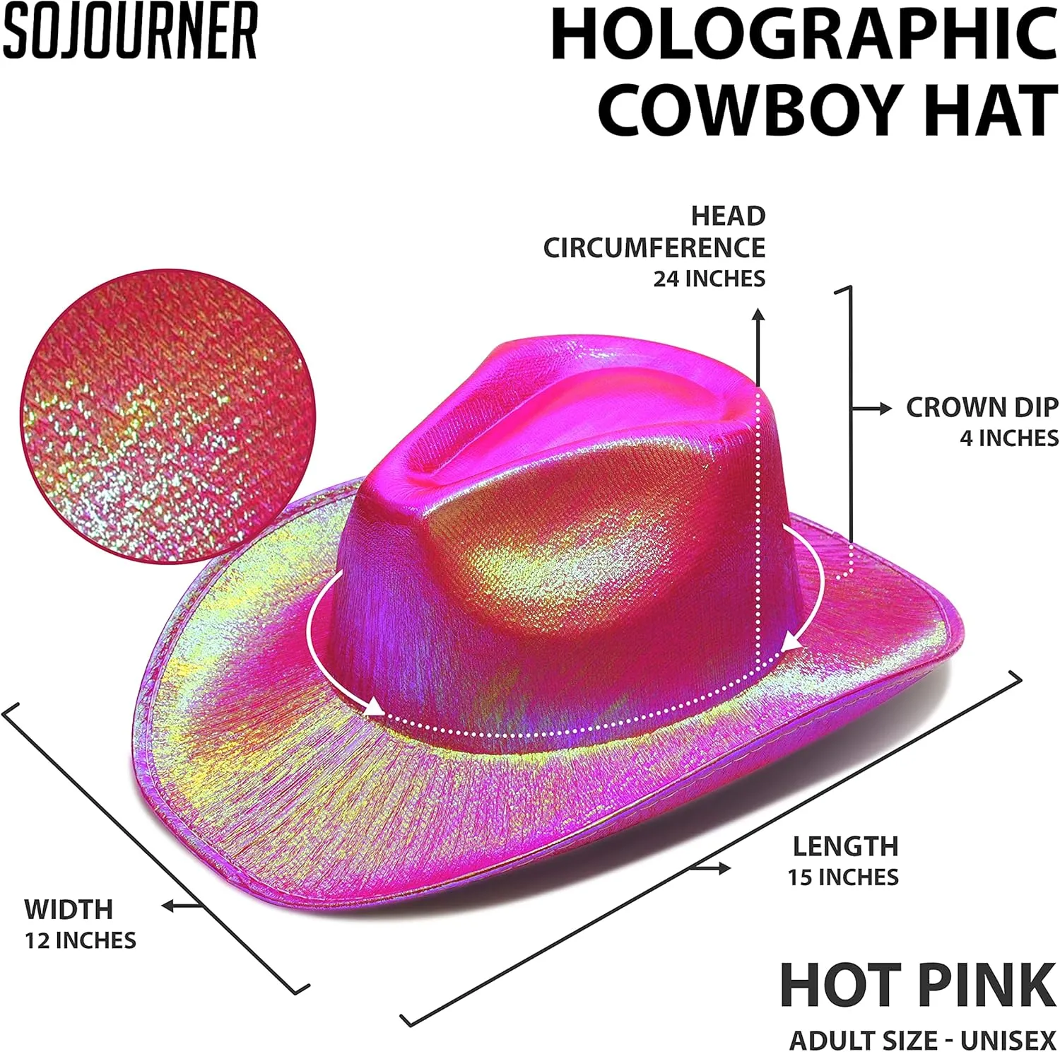 SoJourner Bags Neon Sparkly Glitter Space Cowboy Hat - Fun Metallic Holographic Party Disco Cowgirl Hat