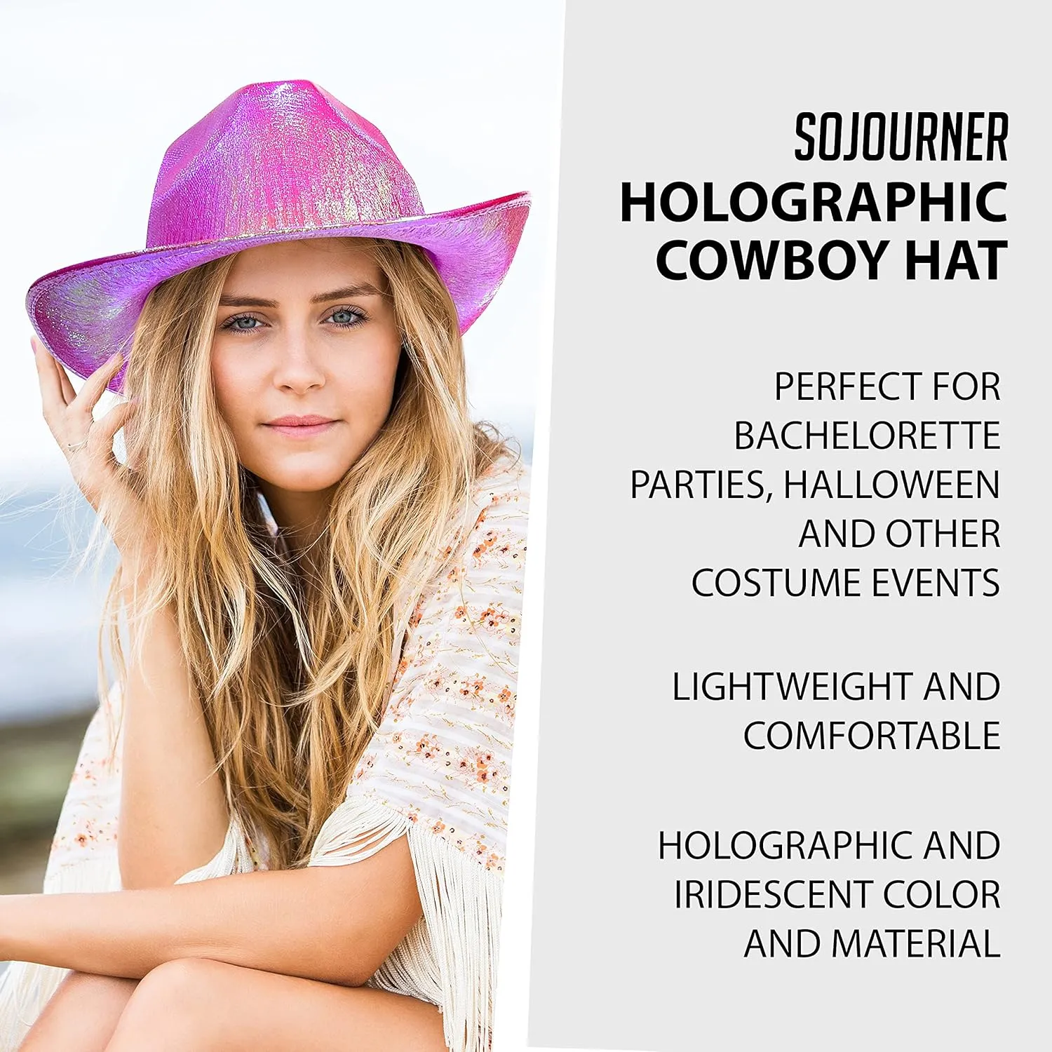 SoJourner Bags Neon Sparkly Glitter Space Cowboy Hat - Fun Metallic Holographic Party Disco Cowgirl Hat