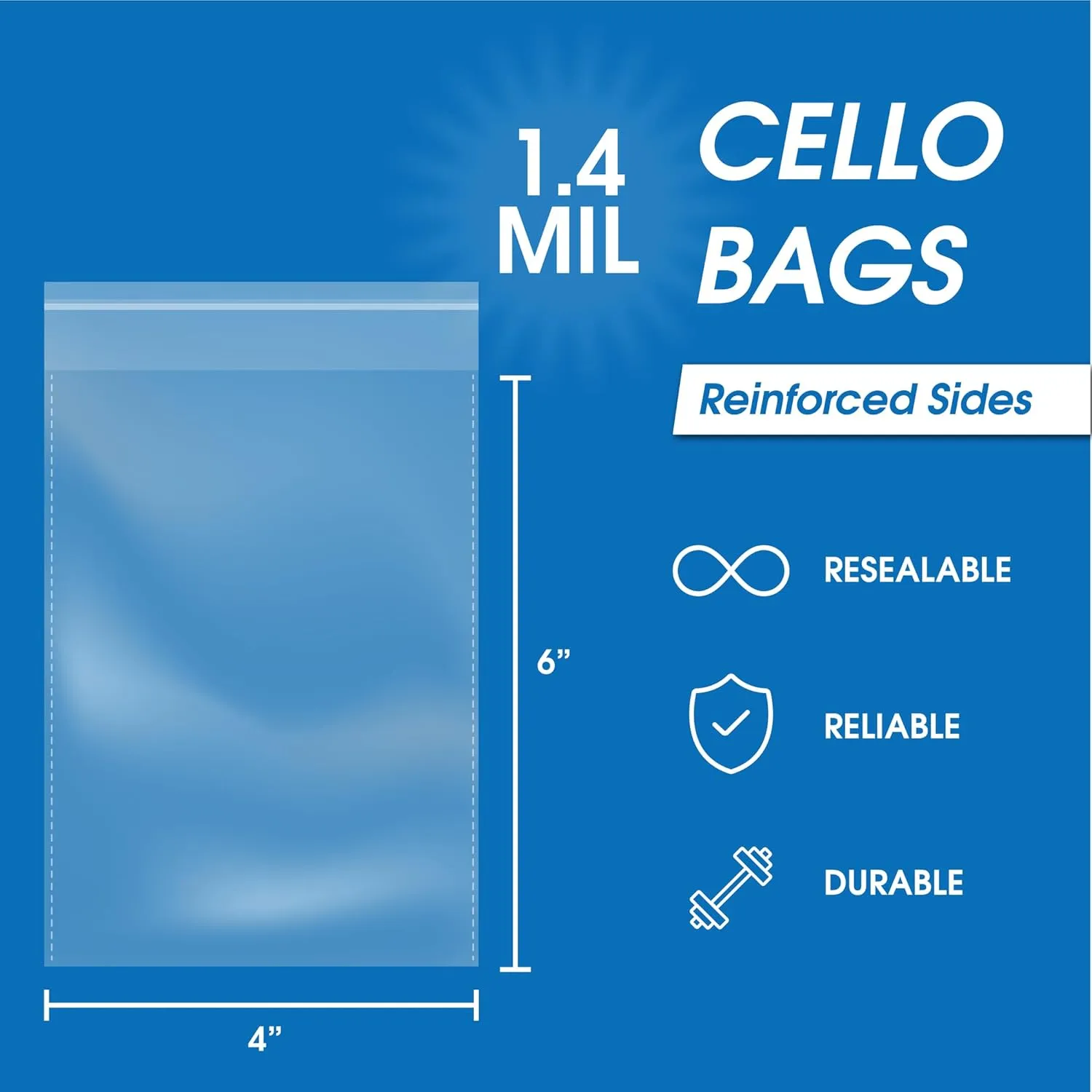 Spartan Industrial - 4" X 6" (1000 Count) Crystal Clear Resealable Cello Poly Bags for Bracelet Packaging, Gifts, Party Treat Bags - Self Seal & Reinforced