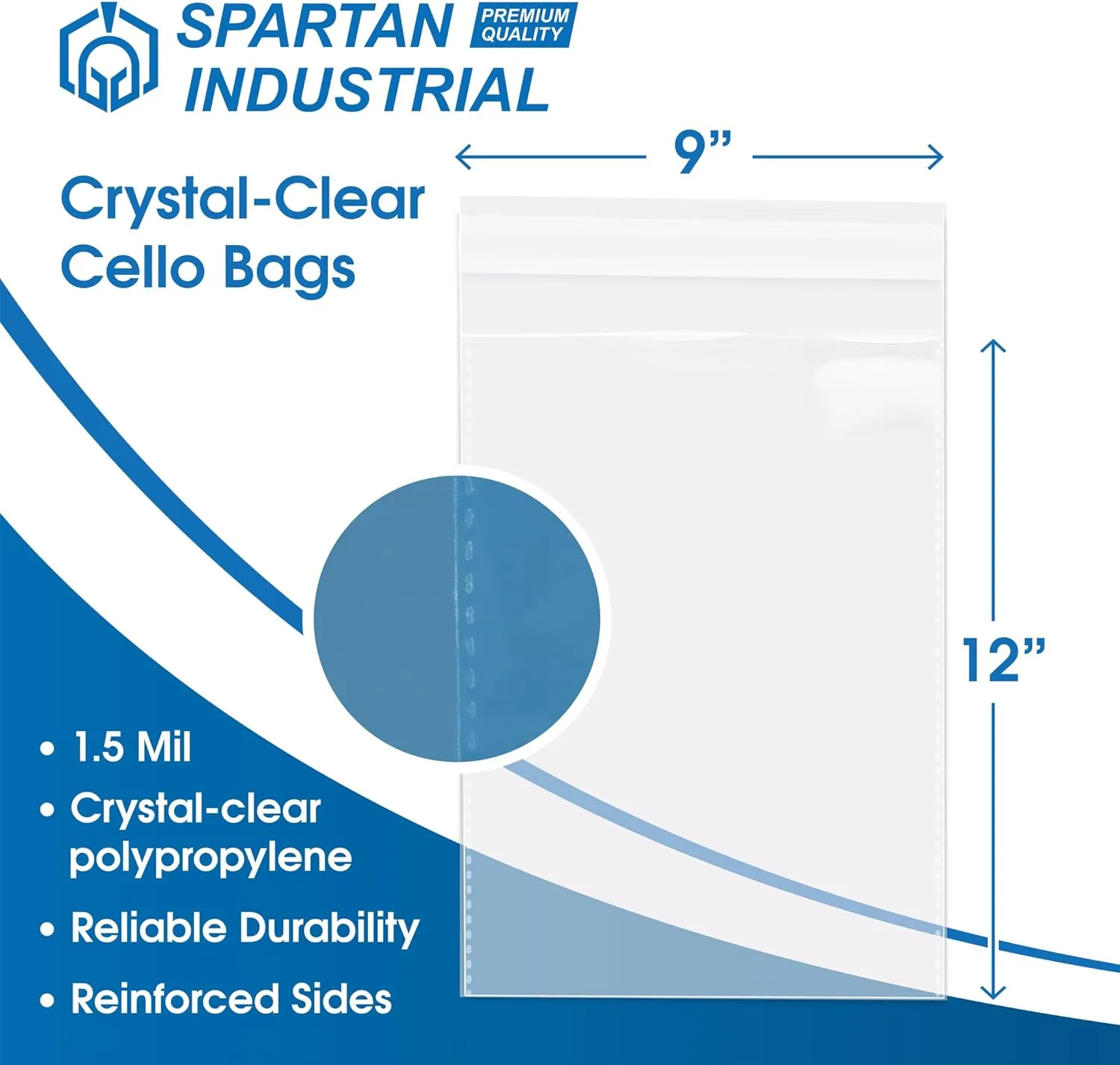 Spartan Industrial - 9" X 12" (100 Count) Crystal Clear Resealable Cello Poly Bags for Packaging, Clothing & T Shirts - Self Seal & Reinforced