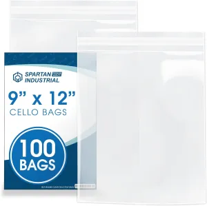 Spartan Industrial - 9" X 12" (100 Count) Crystal Clear Resealable Cello Poly Bags for Packaging, Clothing & T Shirts - Self Seal & Reinforced