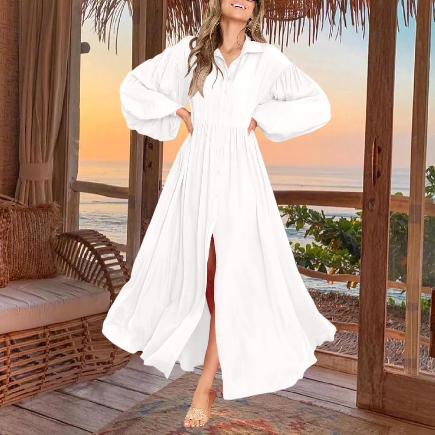 Spring Midi Dresses for Women 2025 Lantern Long Sleeve Pleated Swing Dress Casual Boho Beach Long Shirt Sundresses
