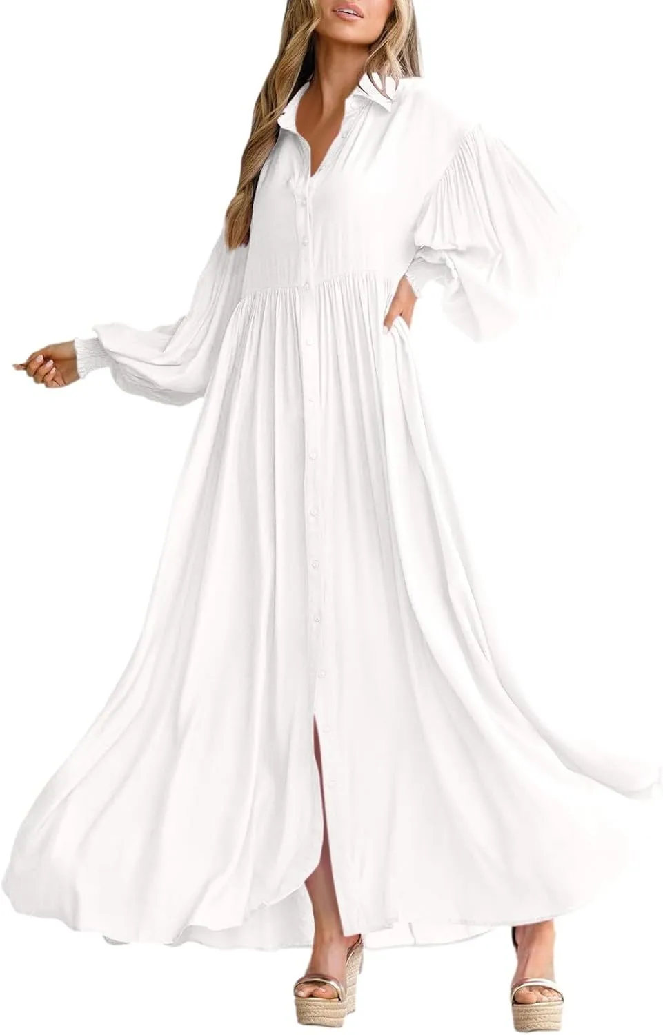 Spring Midi Dresses for Women 2025 Lantern Long Sleeve Pleated Swing Dress Casual Boho Beach Long Shirt Sundresses