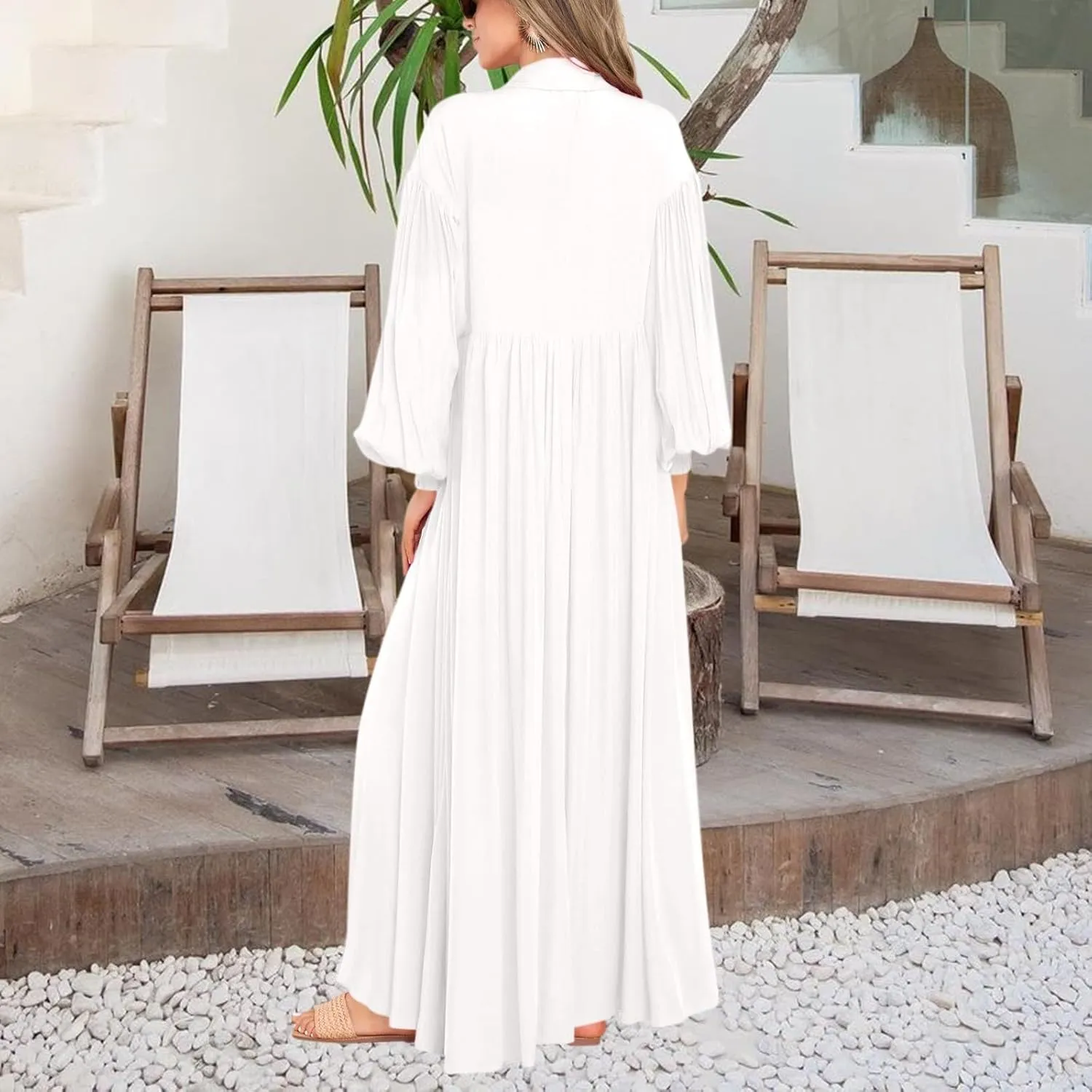 Spring Midi Dresses for Women 2025 Lantern Long Sleeve Pleated Swing Dress Casual Boho Beach Long Shirt Sundresses