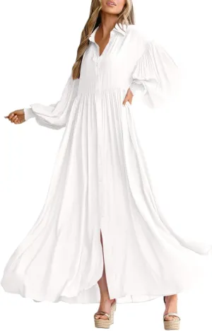 Spring Midi Dresses for Women 2025 Lantern Long Sleeve Pleated Swing Dress Casual Boho Beach Long Shirt Sundresses