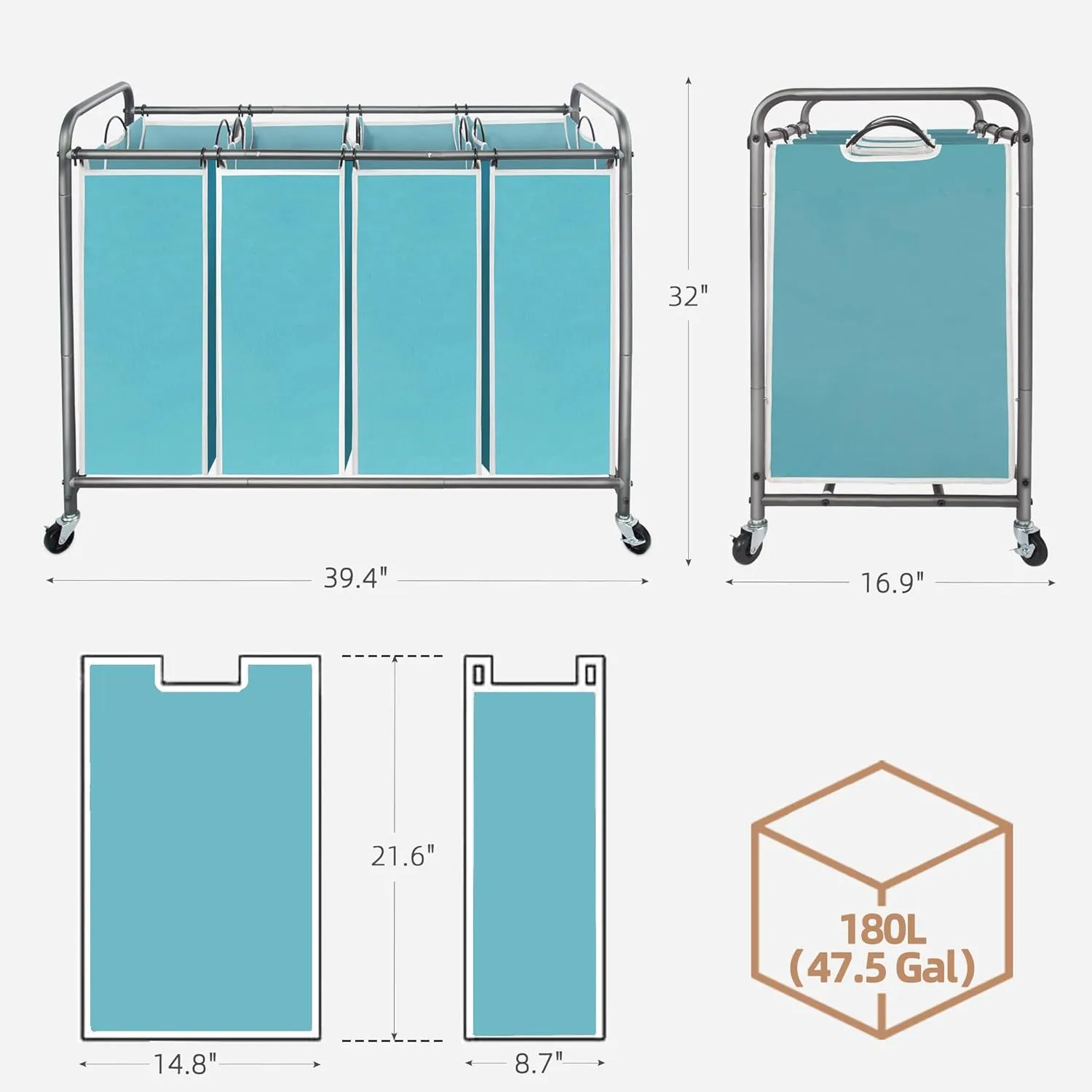 STORAGE MANIAC Laundry Sorter 4 Section, Hamper with Wheels and Removable Bags, Blue