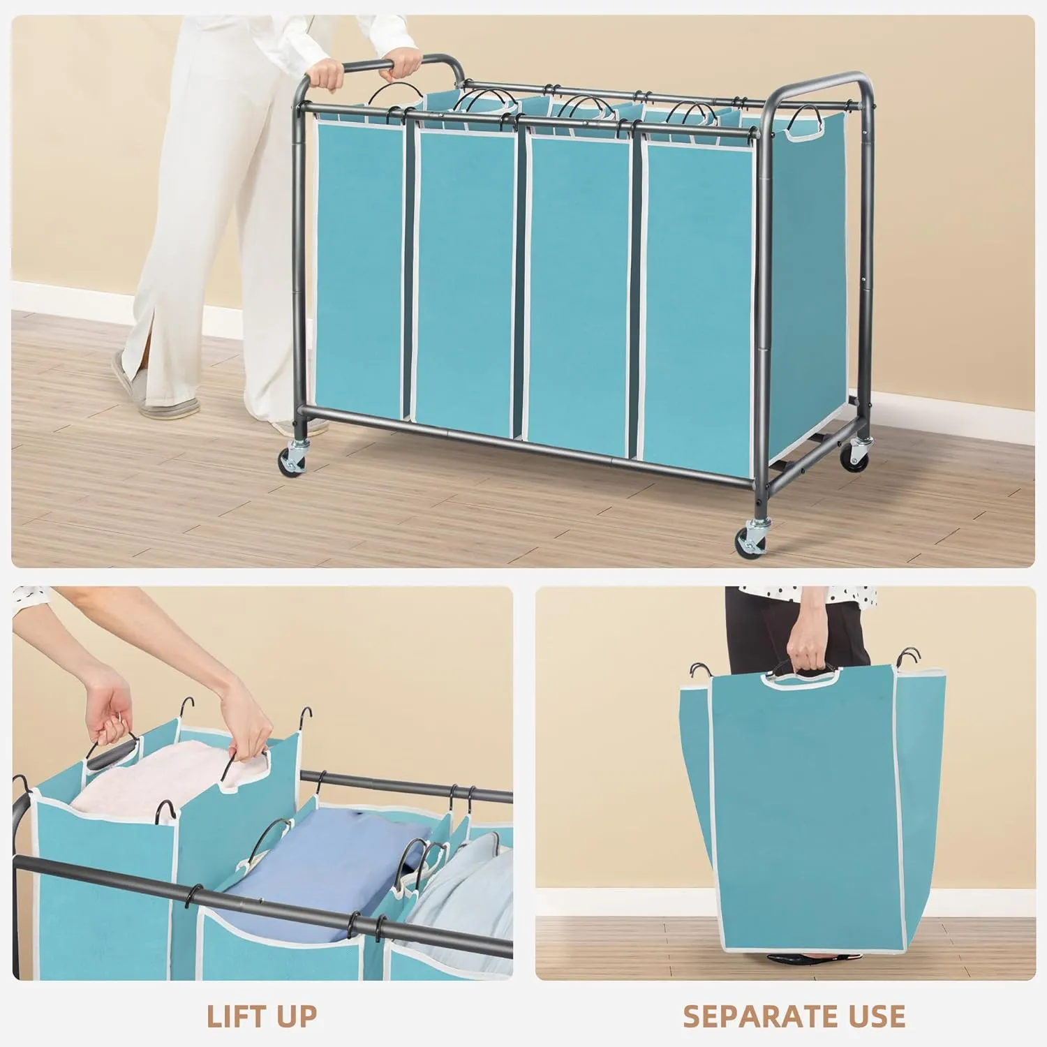 STORAGE MANIAC Laundry Sorter 4 Section, Hamper with Wheels and Removable Bags, Blue