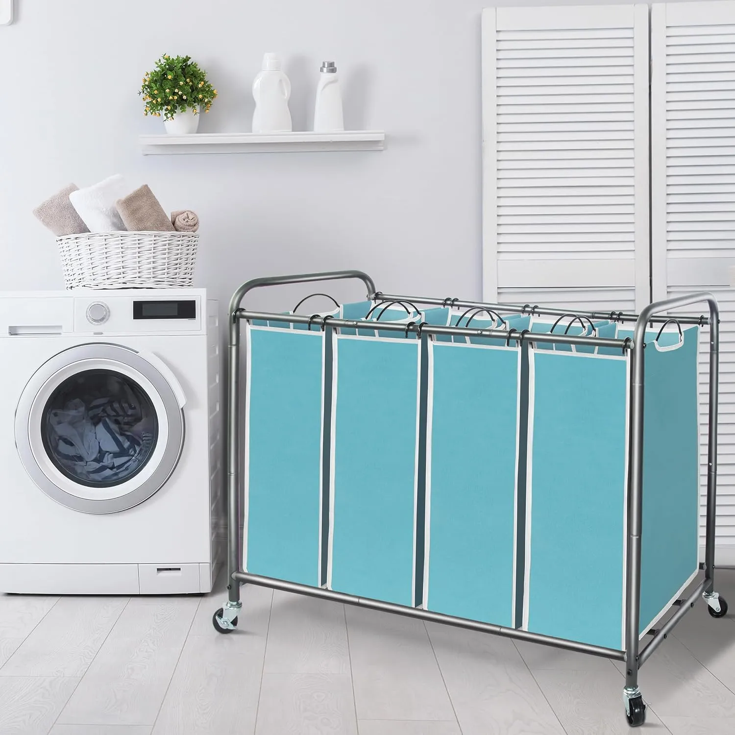 STORAGE MANIAC Laundry Sorter 4 Section, Hamper with Wheels and Removable Bags, Blue