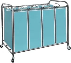 STORAGE MANIAC Laundry Sorter 4 Section, Hamper with Wheels and Removable Bags, Blue