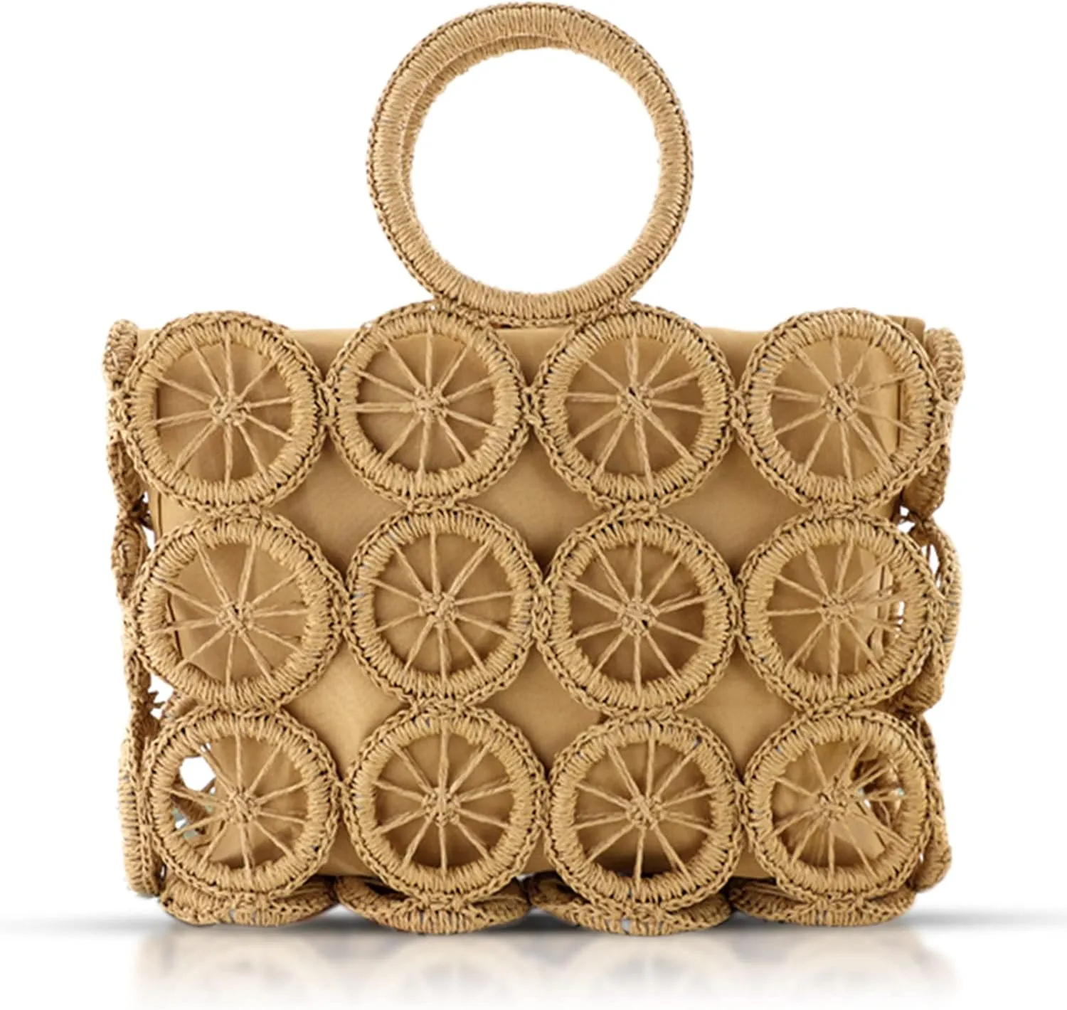 Straw Bag, Beach Bag for Women, Square hollow handbag With removable lining, Bohemian Hand-Woven Bag, Tote Bag for Women Vacation, Daily Matching, Travel Bag (Khaki)