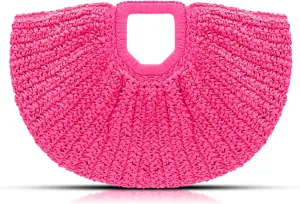 Straw Bag, Beach Bags for Women, Pink Tote Bag, Semi-Circular Woven Beach Hand Bag Handmade Rattan Handbag for Vacation Travel Daily (Hot Pink)
