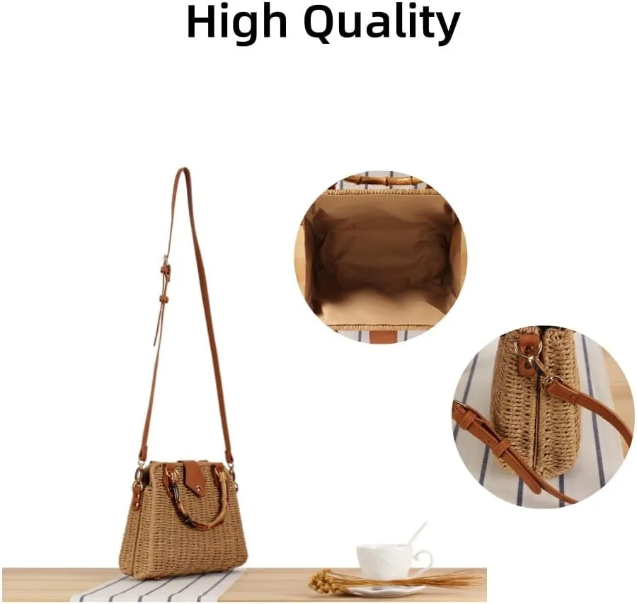 Straw Bag for Women Stylish Woven Purse Trendy Handbag Cute Shoulder Purse with Adjustable Strap (A01-Beige)