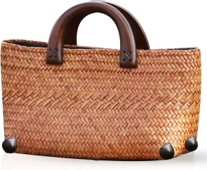 Straw Bag for Women, Summer Beach Handmade Rattan Tote Bag, Round Wooden Handle, Boho Retro Straw Woven Handbag, Large Capacity Beach Vacation Bag (Brown)
