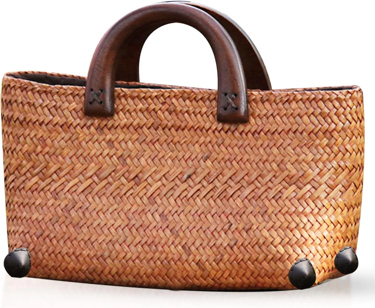 Straw Bag for Women, Summer Beach Handmade Rattan Tote Bag, Round Wooden Handle, Boho Retro Straw Woven Handbag, Large Capacity Beach Vacation Bag (Brown)