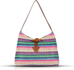 Straw Bag for Women,Shoulder bag, Bohemian underarm bag, Colorful Hand-Woven Patchwork Leather Shoulder Strap, Beach Bag Suitable for Beach, Travel, Daily Matching (Pink)