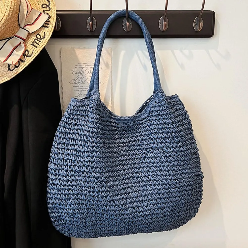 Straw Beach Bag Large Capacity Retro Straw Handbag Hasp Closure Weaving Handbag Ladies Summer Beach Tote Bags
