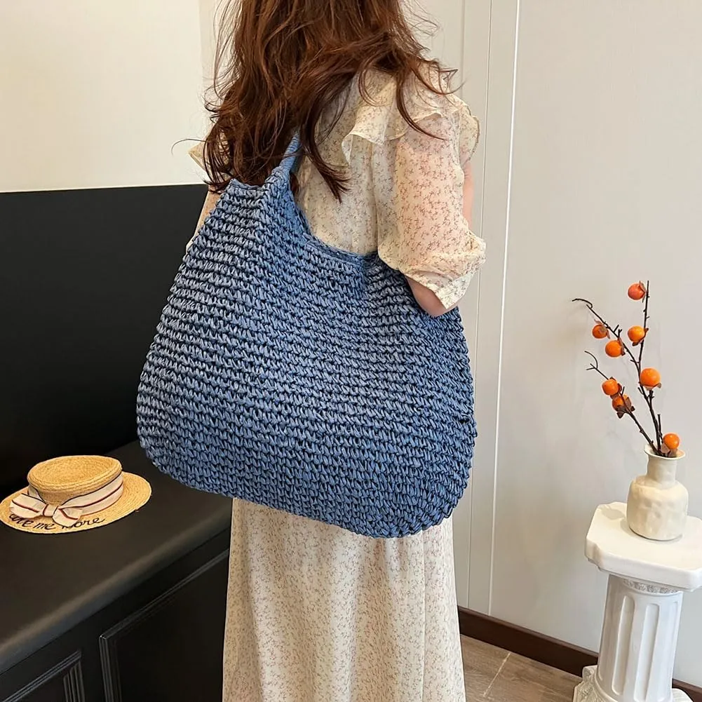 Straw Beach Bag Large Capacity Retro Straw Handbag Hasp Closure Weaving Handbag Ladies Summer Beach Tote Bags