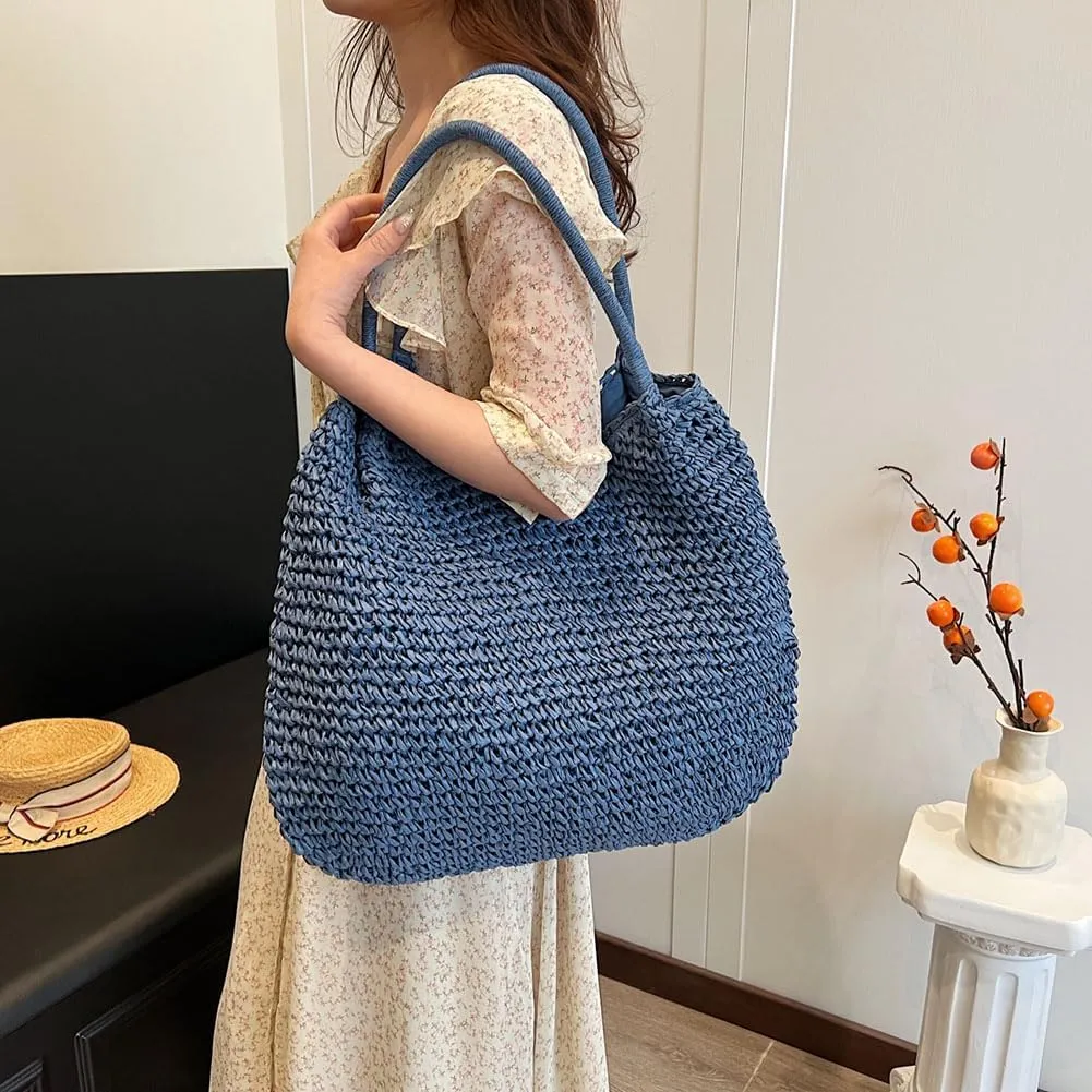 Straw Beach Bag Large Capacity Retro Straw Handbag Hasp Closure Weaving Handbag Ladies Summer Beach Tote Bags
